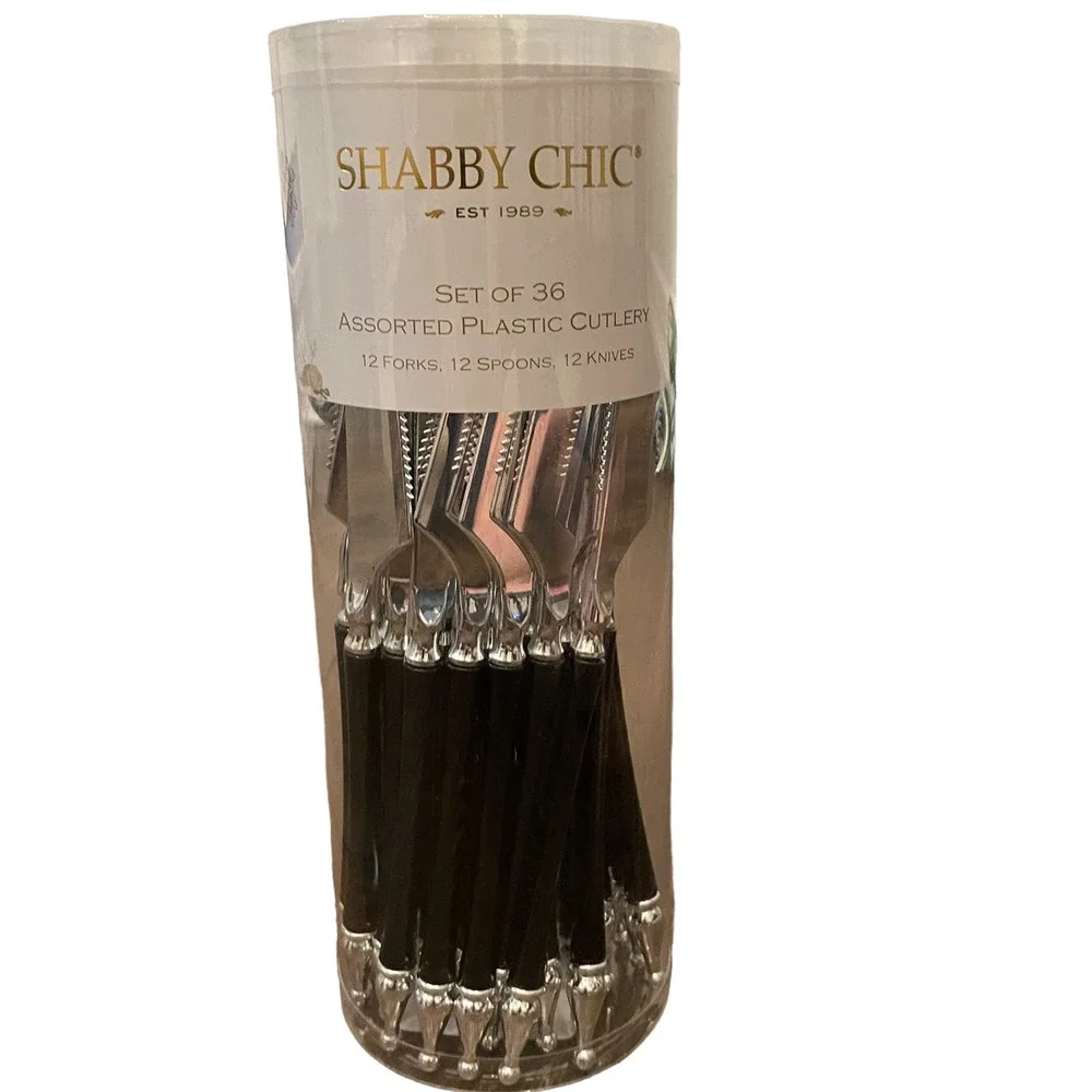 36 pc SHABBY CHIC Glam Black & Silver Disposable Assorted Plastic Cutlery NEW